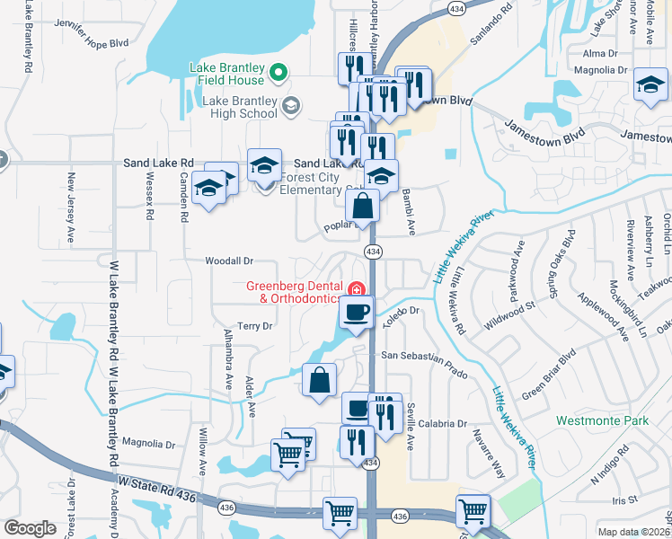 map of restaurants, bars, coffee shops, grocery stores, and more near 1023 Great Pond Drive in Altamonte Springs