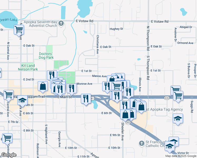 map of restaurants, bars, coffee shops, grocery stores, and more near 211 Christiana Avenue in Apopka