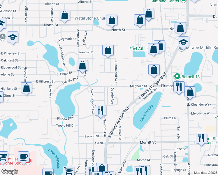 map of restaurants, bars, coffee shops, grocery stores, and more near 204 Magnolia Street in Altamonte Springs