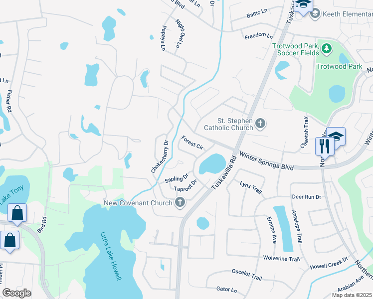 map of restaurants, bars, coffee shops, grocery stores, and more near 1039 Forest Circle in Winter Springs