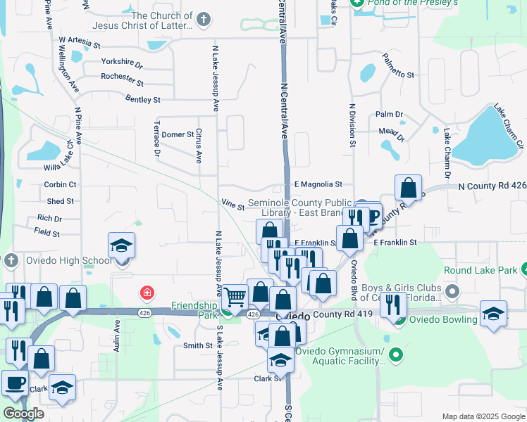 map of restaurants, bars, coffee shops, grocery stores, and more near 80 Vine Street in Oviedo