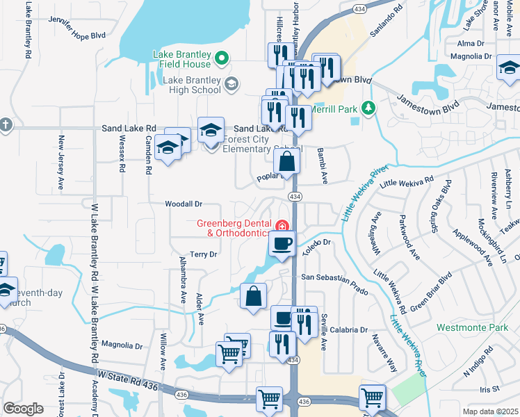 map of restaurants, bars, coffee shops, grocery stores, and more near 1023 Great Pond Drive in Altamonte Springs