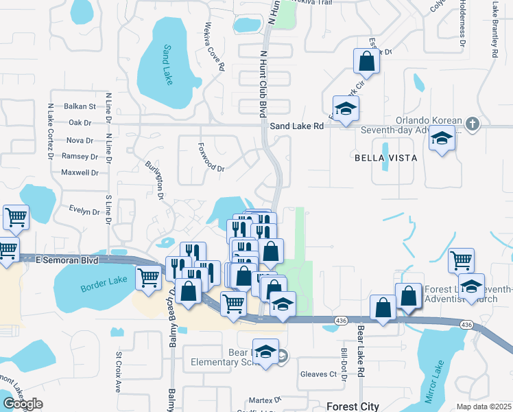map of restaurants, bars, coffee shops, grocery stores, and more near 3250 Hunter Court in Apopka