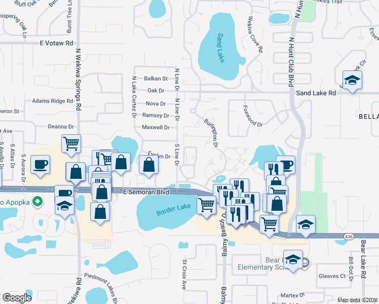 map of restaurants, bars, coffee shops, grocery stores, and more near 417 Jordan Stuart Circle in Apopka