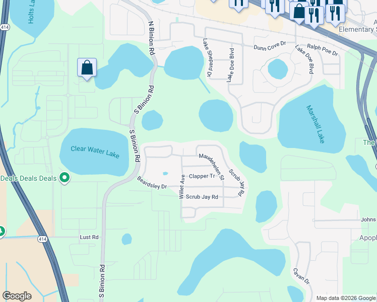 map of restaurants, bars, coffee shops, grocery stores, and more near 279 Maudehelen Street in Apopka