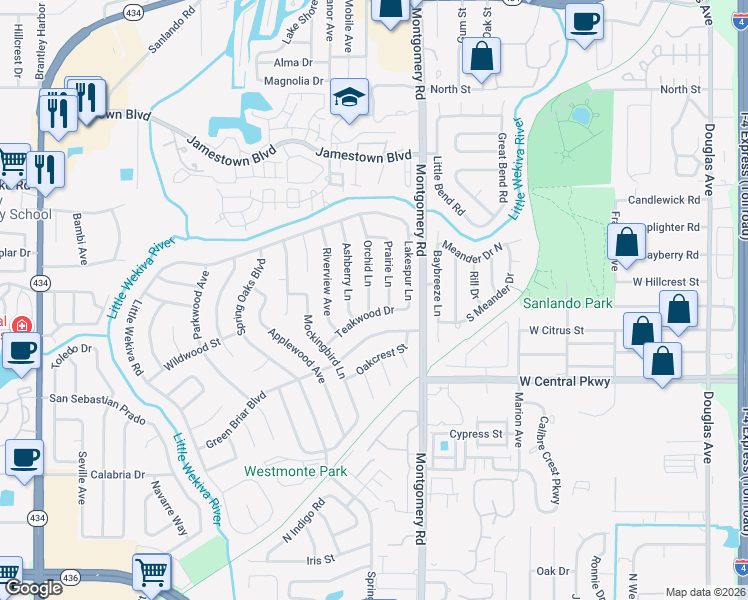 map of restaurants, bars, coffee shops, grocery stores, and more near 600 Orchid Lane in Altamonte Springs