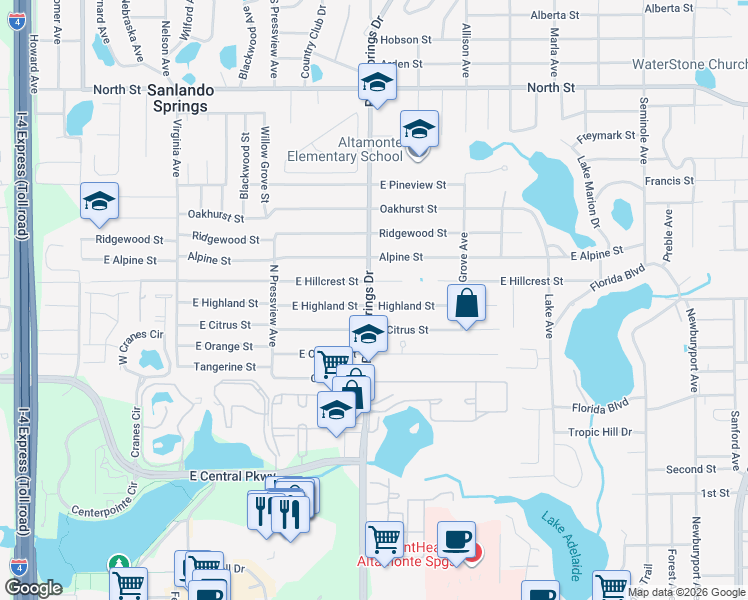 map of restaurants, bars, coffee shops, grocery stores, and more near 701 Palm Springs Drive in Altamonte Springs