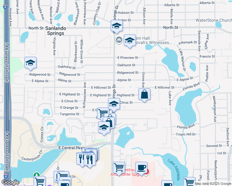 map of restaurants, bars, coffee shops, grocery stores, and more near 701 Palm Springs Drive in Altamonte Springs