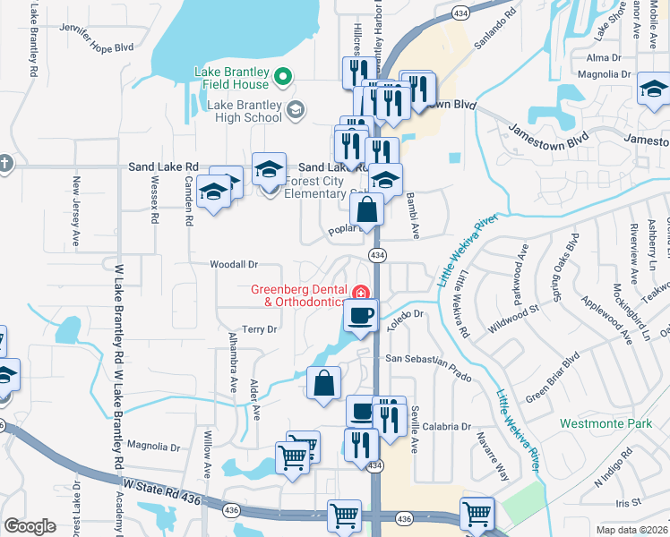 map of restaurants, bars, coffee shops, grocery stores, and more near 698 Seabrook Court in Altamonte Springs