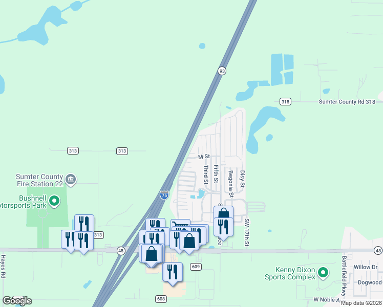 map of restaurants, bars, coffee shops, grocery stores, and more near 5600 Southwest 18th Terrace in Bushnell
