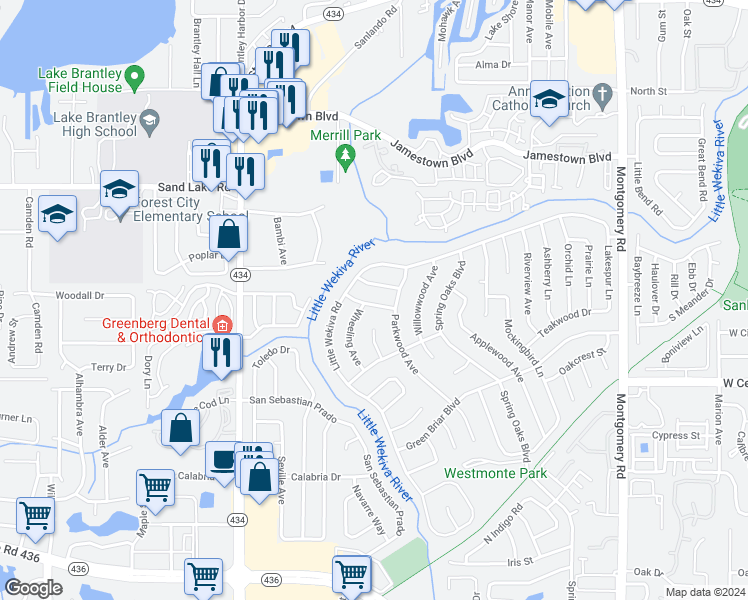 map of restaurants, bars, coffee shops, grocery stores, and more near 627 Woodland Street in Altamonte Springs