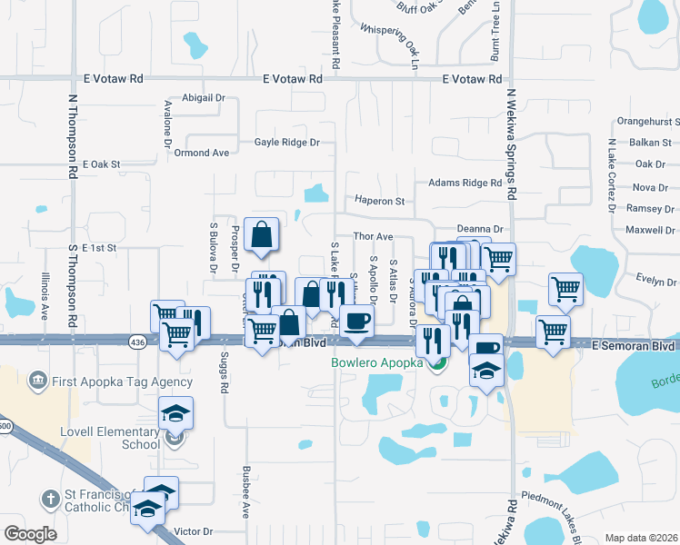 map of restaurants, bars, coffee shops, grocery stores, and more near 122 South Ulysses Drive in Apopka
