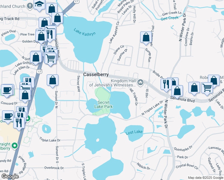 map of restaurants, bars, coffee shops, grocery stores, and more near 872 Bay Lake Court in Casselberry