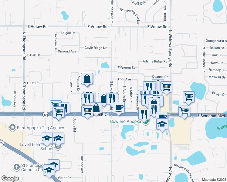 map of restaurants, bars, coffee shops, grocery stores, and more near 122 South Ulysses Drive in Apopka