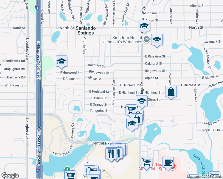 map of restaurants, bars, coffee shops, grocery stores, and more near 351 East Highland Street in Altamonte Springs