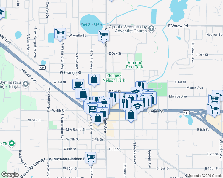 map of restaurants, bars, coffee shops, grocery stores, and more near 111 East 2nd Street in Apopka