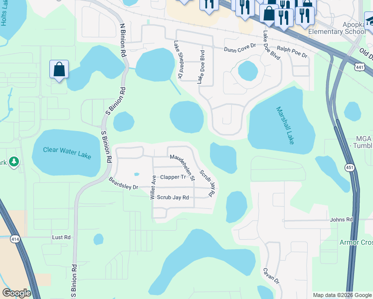 map of restaurants, bars, coffee shops, grocery stores, and more near 357 Maudehelen Street in Apopka