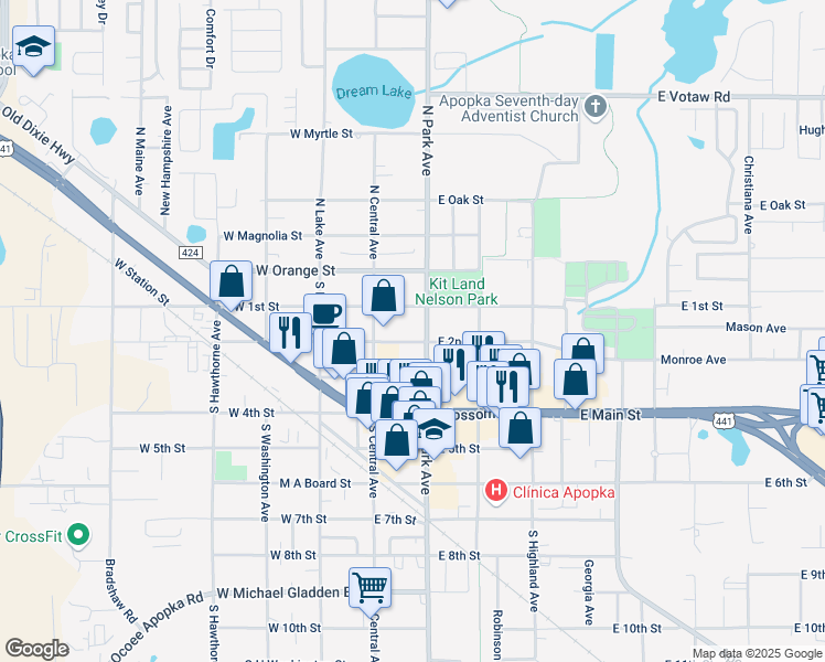 map of restaurants, bars, coffee shops, grocery stores, and more near 54 East 2nd Street in Apopka