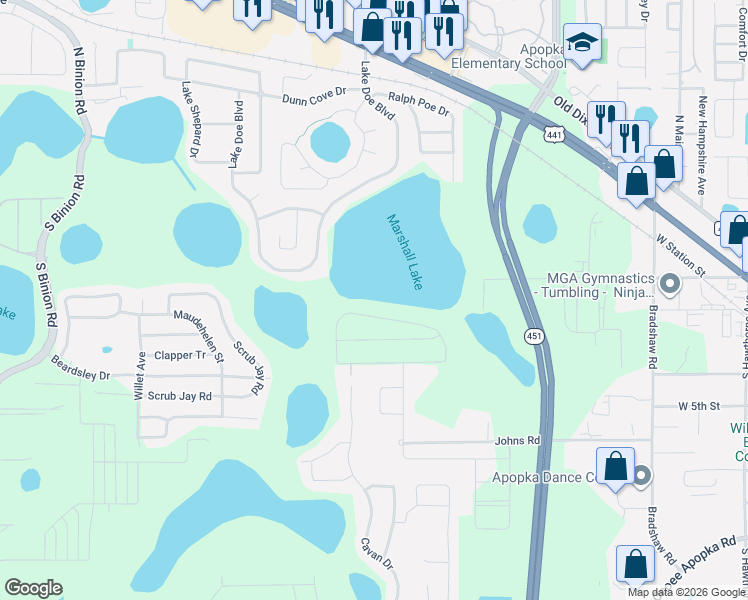 map of restaurants, bars, coffee shops, grocery stores, and more near Waterview Ridge Circle in Apopka
