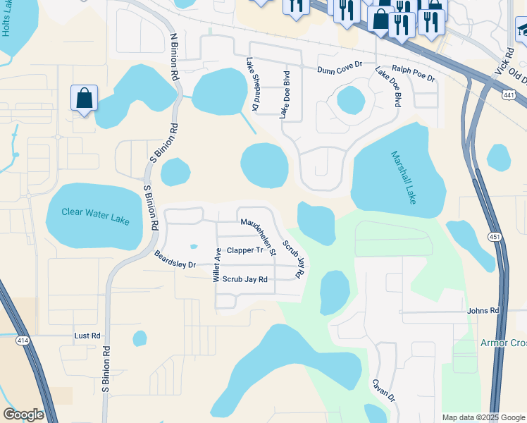 map of restaurants, bars, coffee shops, grocery stores, and more near 357 Maudehelen Street in Apopka