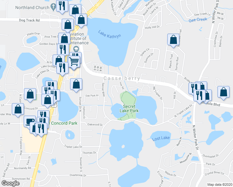 map of restaurants, bars, coffee shops, grocery stores, and more near 248 Bay Street in Casselberry