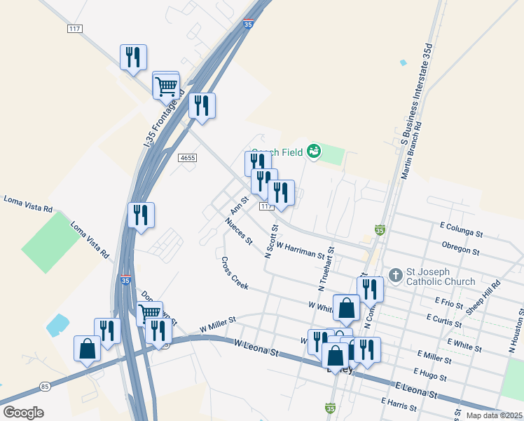 map of restaurants, bars, coffee shops, grocery stores, and more near 416 Harriman Street in Dilley