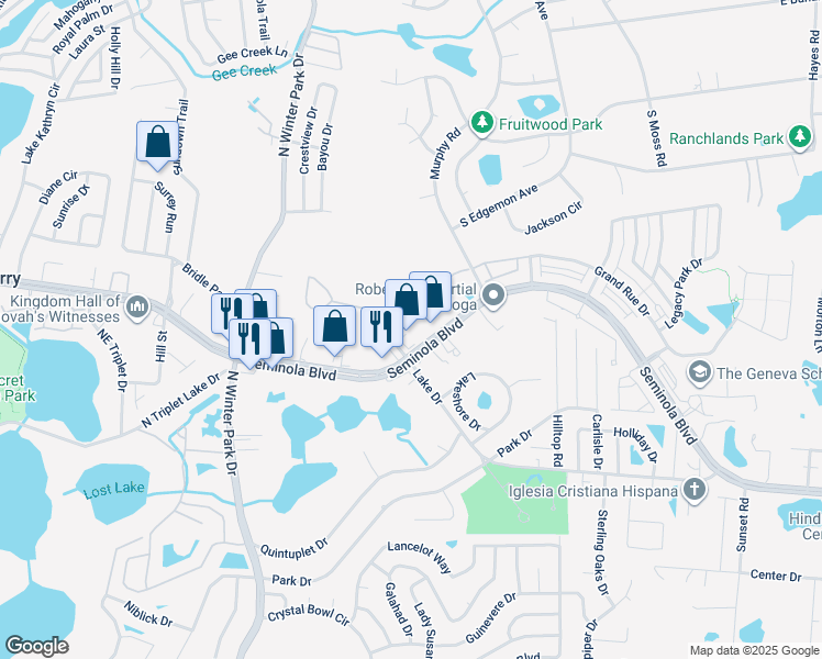 map of restaurants, bars, coffee shops, grocery stores, and more near 1412 Seminola Boulevard in Casselberry
