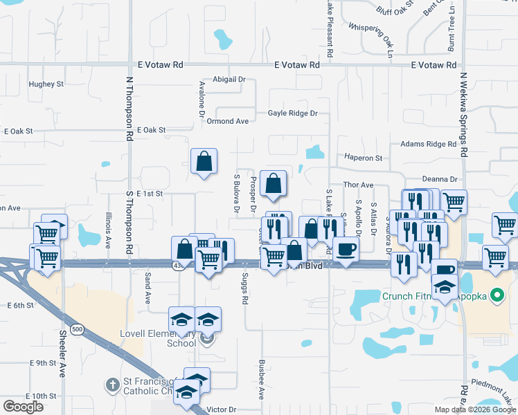 map of restaurants, bars, coffee shops, grocery stores, and more near 254 Semoran Commerce Place in Apopka