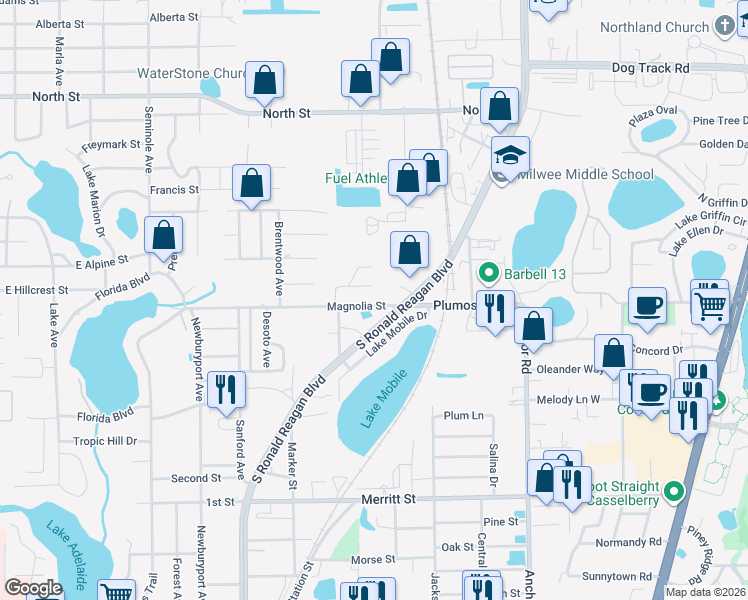 map of restaurants, bars, coffee shops, grocery stores, and more near 413 Magnolia Street in Altamonte Springs