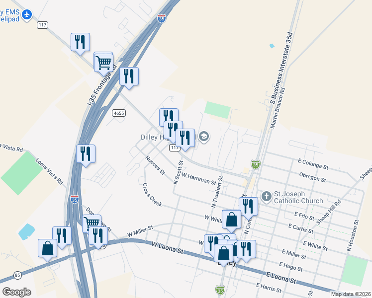 map of restaurants, bars, coffee shops, grocery stores, and more near 414 Farm to Market 117 in Dilley