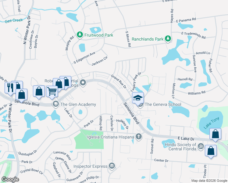 map of restaurants, bars, coffee shops, grocery stores, and more near 1576 Carlisle Drive in Casselberry