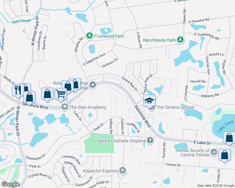 map of restaurants, bars, coffee shops, grocery stores, and more near 1571 Oak Lane in Casselberry
