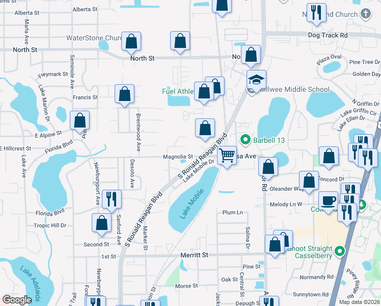 map of restaurants, bars, coffee shops, grocery stores, and more near 413 Magnolia Street in Altamonte Springs