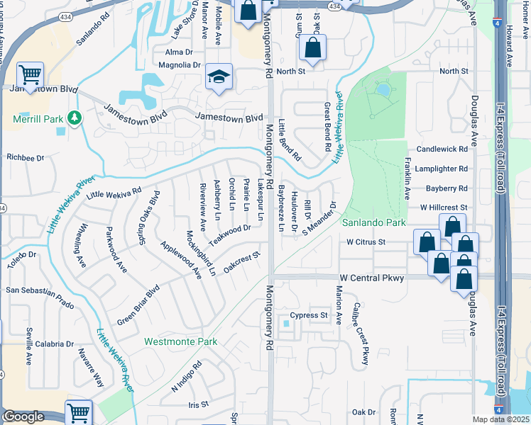map of restaurants, bars, coffee shops, grocery stores, and more near 609 Lakespur Lane in Altamonte Springs