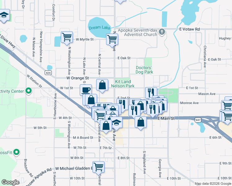map of restaurants, bars, coffee shops, grocery stores, and more near 111 East 2nd Street in Apopka