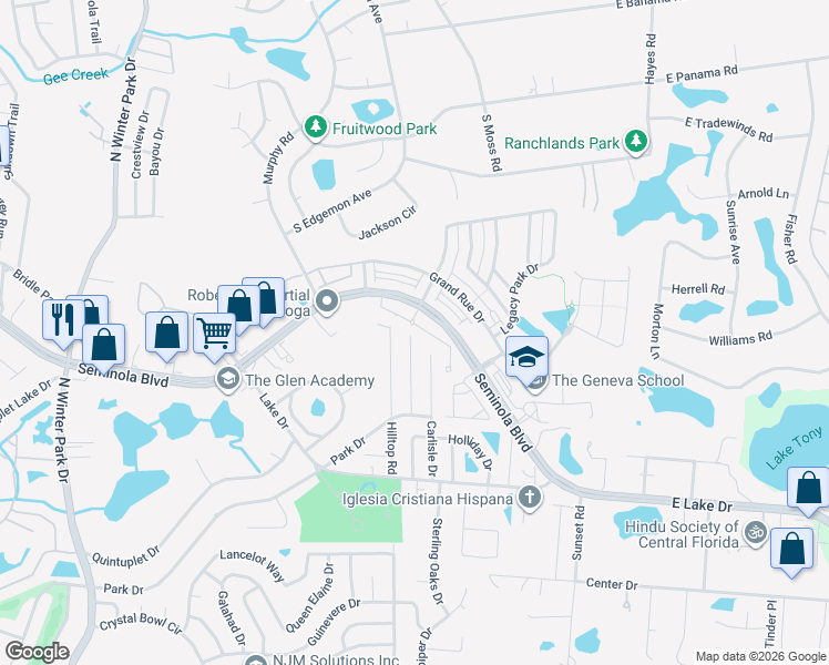 map of restaurants, bars, coffee shops, grocery stores, and more near 1571 Oak Lane in Casselberry