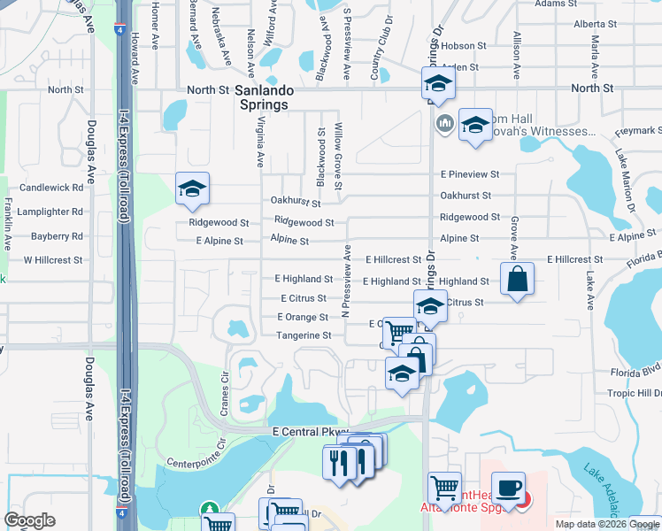 map of restaurants, bars, coffee shops, grocery stores, and more near 1102 East Highland Street in Altamonte Springs