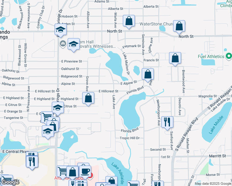 map of restaurants, bars, coffee shops, grocery stores, and more near 725 Lake Avenue in Altamonte Springs