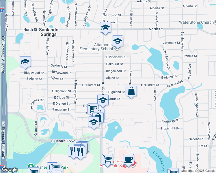 map of restaurants, bars, coffee shops, grocery stores, and more near 701 Palm Springs Drive in Altamonte Springs