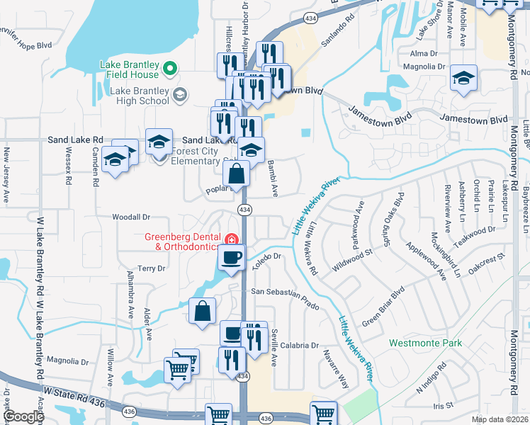 map of restaurants, bars, coffee shops, grocery stores, and more near 706 Pescador Avenue in Altamonte Springs