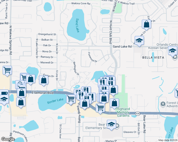 map of restaurants, bars, coffee shops, grocery stores, and more near 548 Portland Circle in Apopka