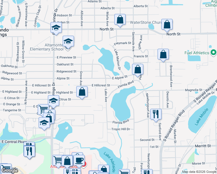 map of restaurants, bars, coffee shops, grocery stores, and more near 725 Lake Avenue in Altamonte Springs