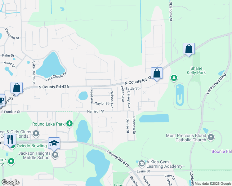 map of restaurants, bars, coffee shops, grocery stores, and more near 291 Wilson Avenue in Oviedo