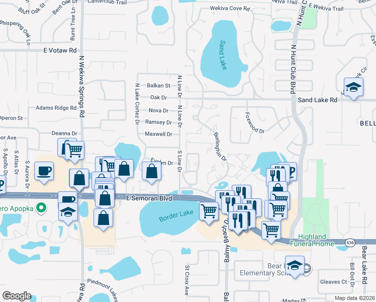 map of restaurants, bars, coffee shops, grocery stores, and more near 443 Jordan Stuart Circle in Apopka