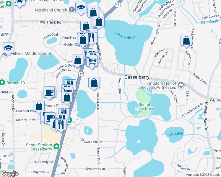 map of restaurants, bars, coffee shops, grocery stores, and more near 361 Hidden Pines Circle in Casselberry