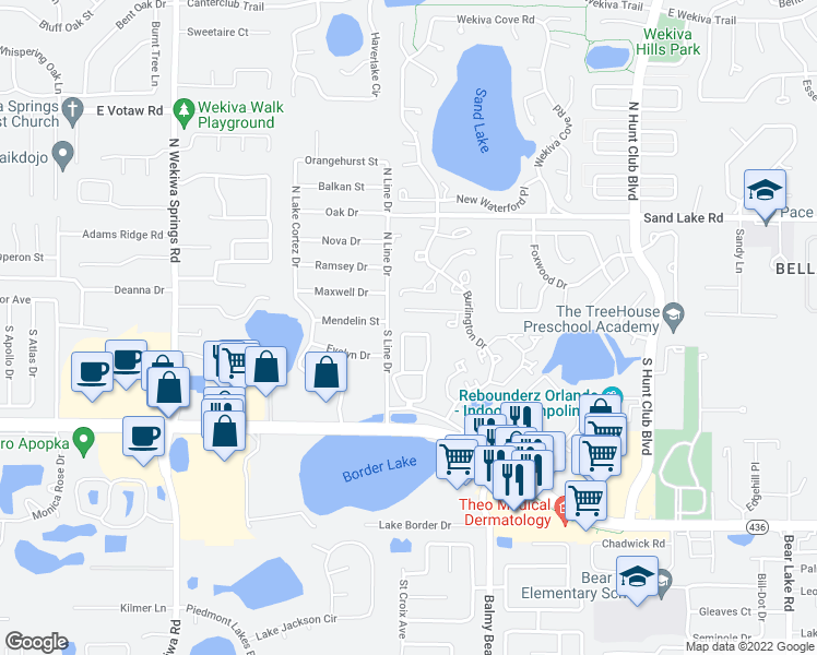 map of restaurants, bars, coffee shops, grocery stores, and more near 2620 Attleboro Place in Apopka