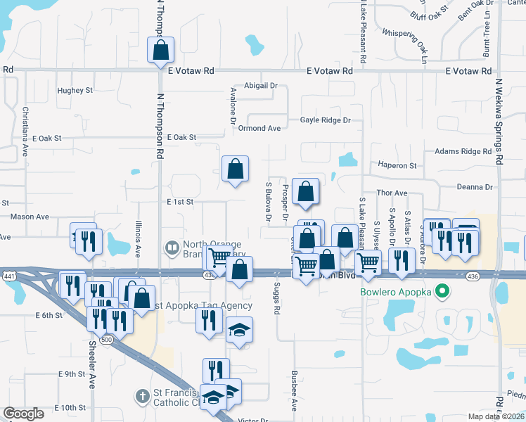map of restaurants, bars, coffee shops, grocery stores, and more near 36 South Bulova Drive in Apopka