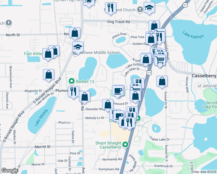 map of restaurants, bars, coffee shops, grocery stores, and more near 301 Misty Oaks Run in Casselberry
