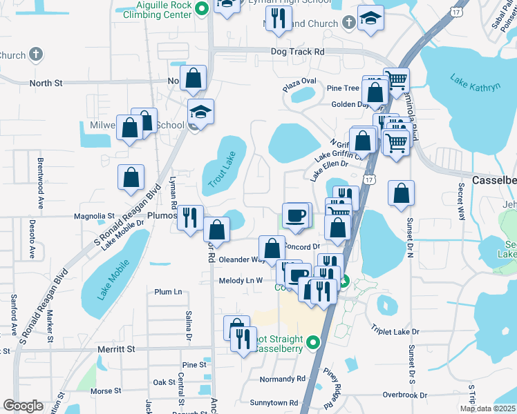 map of restaurants, bars, coffee shops, grocery stores, and more near 115 Savannah Park Loop in Casselberry
