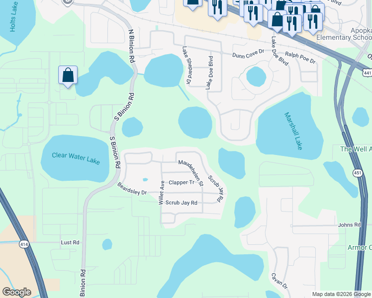 map of restaurants, bars, coffee shops, grocery stores, and more near 1673 Scrub Jay Road in Apopka